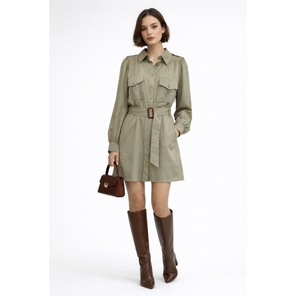 PAIGE Olive Green Utility Belted Mini Shirt Dress Cotton Twill Long Sleeve S - Picture 13 of 13